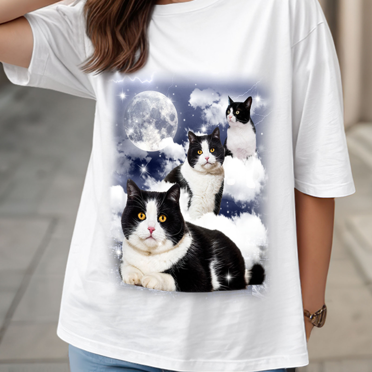 Custom Shirt Personalized Your Own Photo Cat With Moon Unisex T-shirt Personalized T-shirt Custom Pet Watercolor Portrait Tee for Cat Lover - MyFaceBoxer