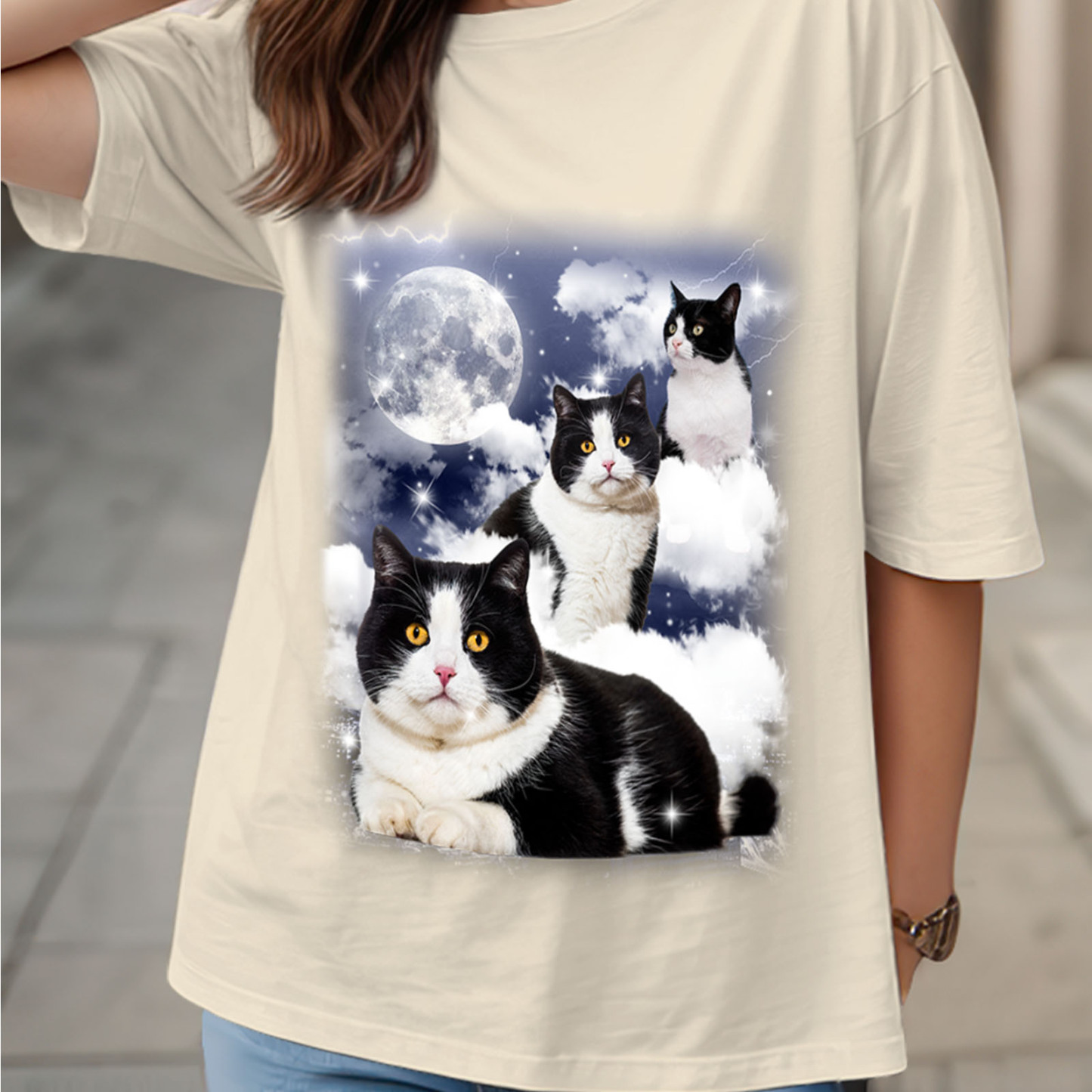 Custom Shirt Personalized Your Own Photo Cat With Moon Unisex T-shirt Personalized T-shirt Custom Pet Watercolor Portrait Tee for Cat Lover - MyFaceBoxer