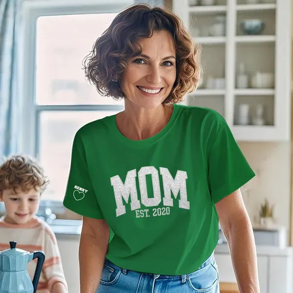 Custom Shirt Personalized Embroidered Glitter Vinyl MAMA T-shirt Gift For Mom & Grandma - MyFaceBoxer