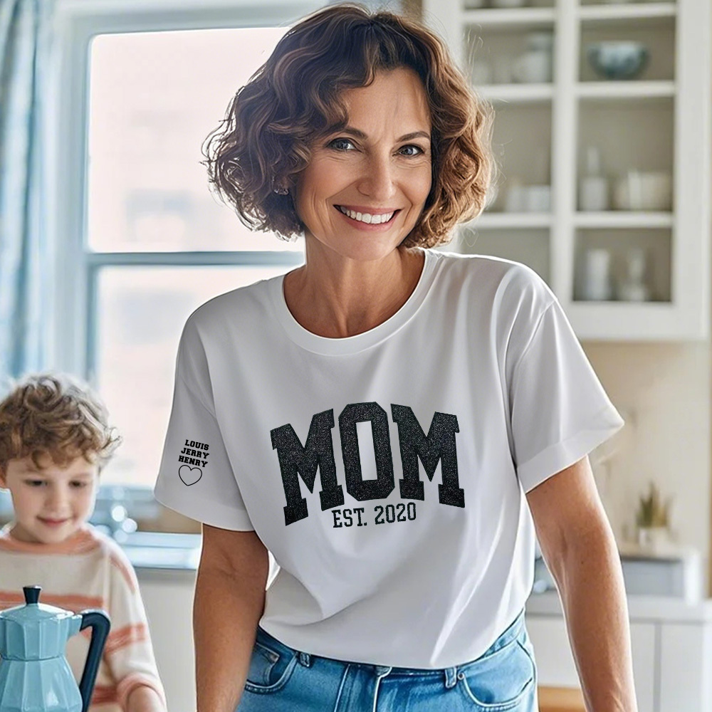 Custom Shirt Personalized Embroidered Glitter Vinyl MAMA T-shirt Gift For Mom & Grandma - MyFaceBoxer