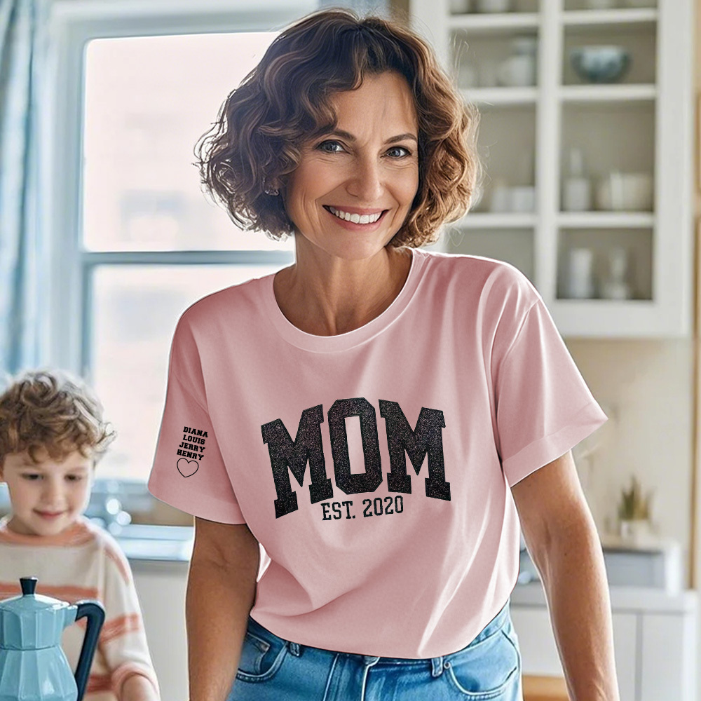 Custom Shirt Personalized Embroidered Glitter Vinyl MAMA T-shirt Gift For Mom & Grandma - MyFaceBoxer