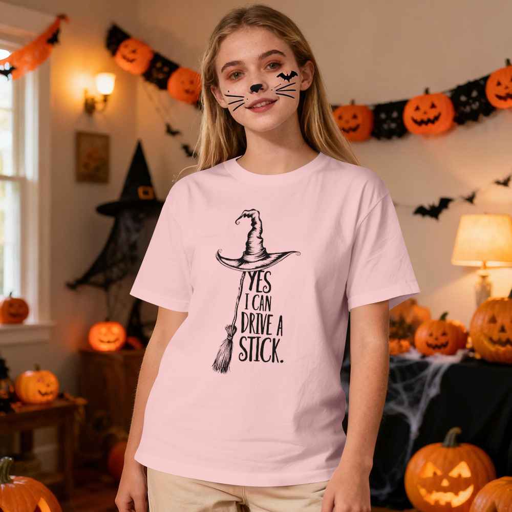 Yes I Can Drive A Stick T Shirt, Funny Halloween Witch Tee for Women, Spooky Party Shirt, Cute Halloween Gift Top, Witchy Costume Outfit