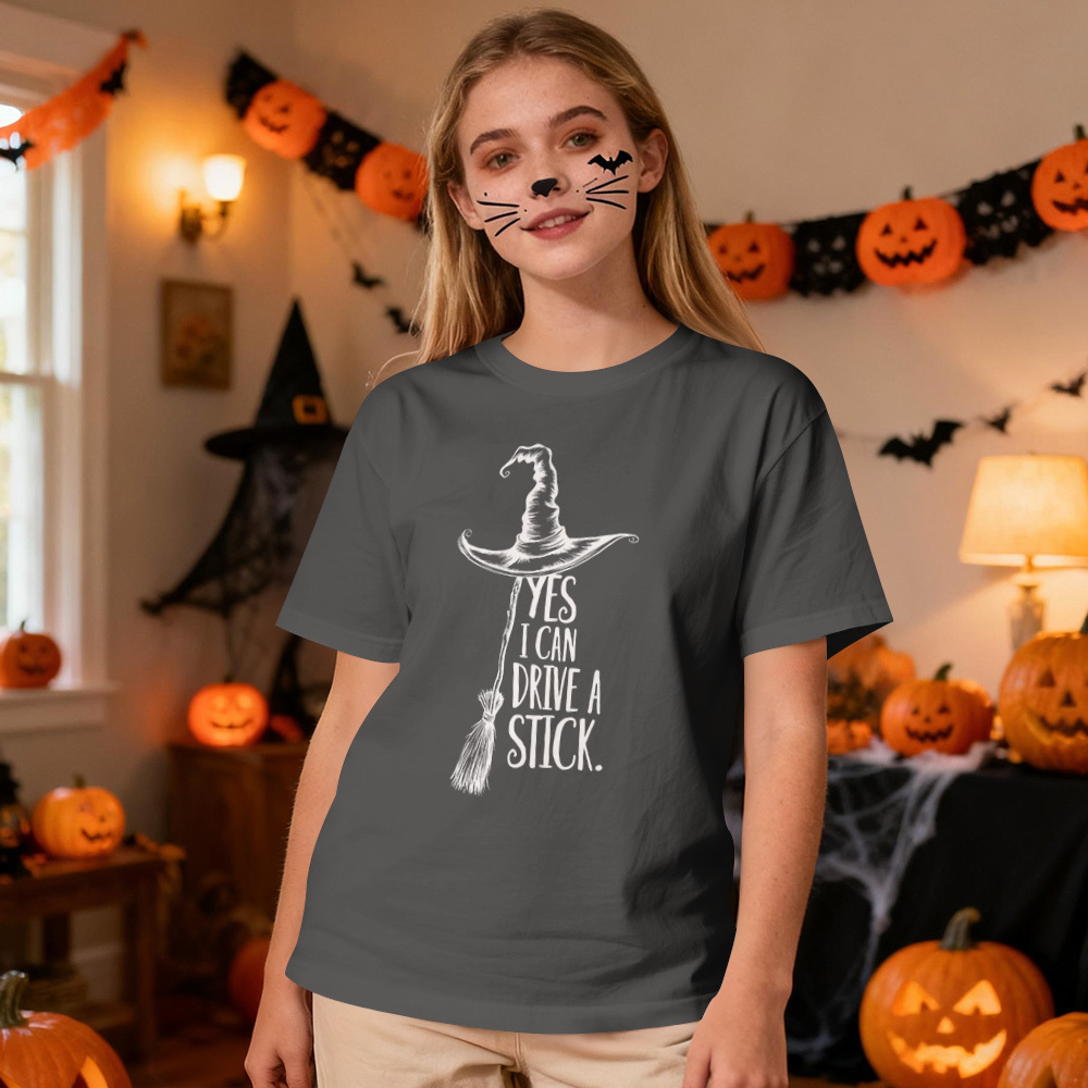 Yes I Can Drive A Stick T Shirt, Funny Halloween Witch Tee for Women, Spooky Party Shirt, Cute Halloween Gift Top, Witchy Costume Outfit