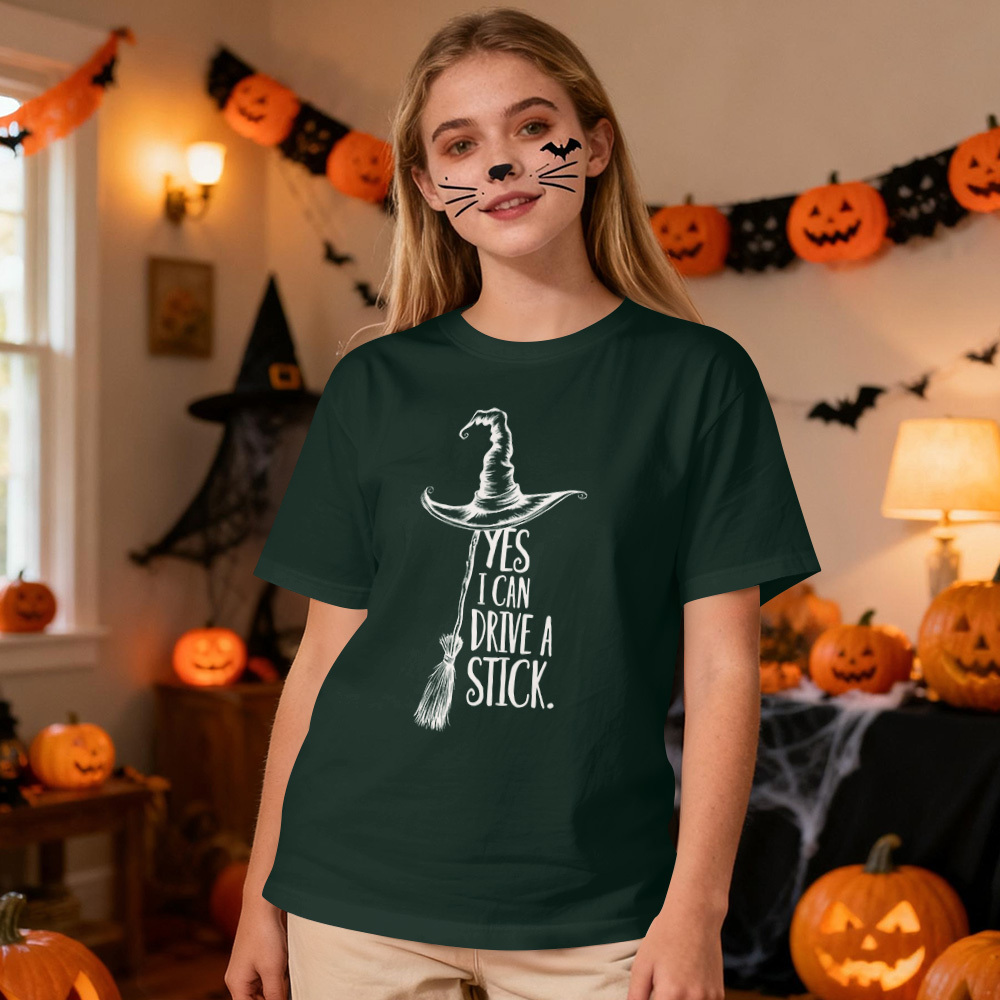 Yes I Can Drive A Stick T Shirt, Funny Halloween Witch Tee for Women, Spooky Party Shirt, Cute Halloween Gift Top, Witchy Costume Outfit
