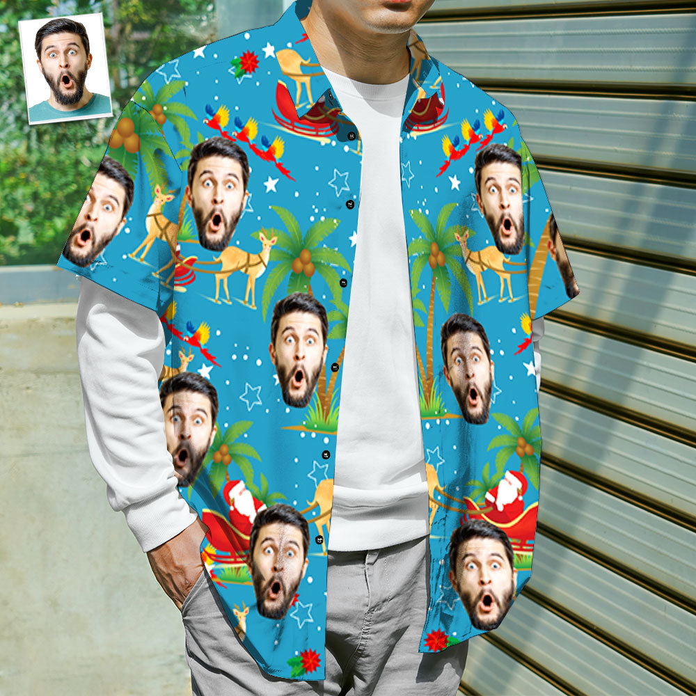 Custom Hawaiian Shirts Personalized Photo Men's Hawaiian Shirt Christmas Gift - Santa and Elk - MyFaceBoxer