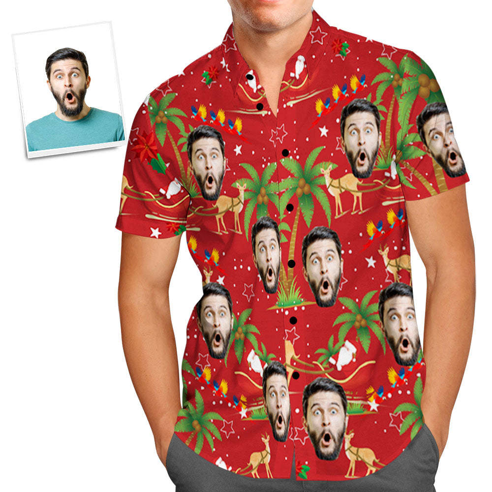 Custom Hawaiian Shirts Personalized Photo Men's Hawaiian Shirt Christmas Gift - Santa and Elk - MyFaceBoxer