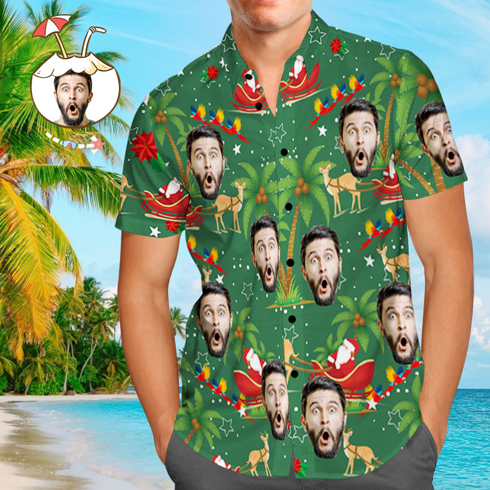 Custom Hawaiian Shirts Personalized Photo Men's Hawaiian Shirt Christmas Gift - Santa and Elk - MyFaceBoxer