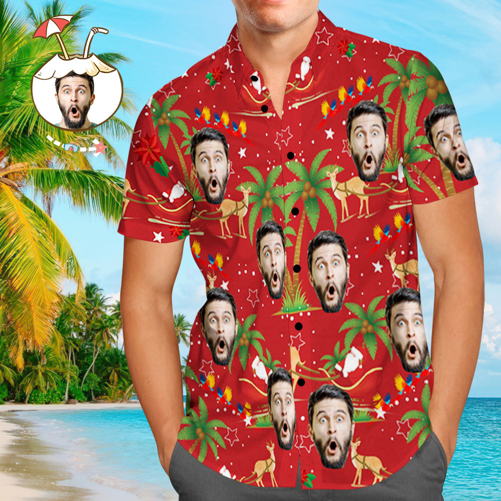 Custom Hawaiian Shirts Personalized Photo Men's Hawaiian Shirt Christmas Gift - Santa and Elk - MyFaceBoxer