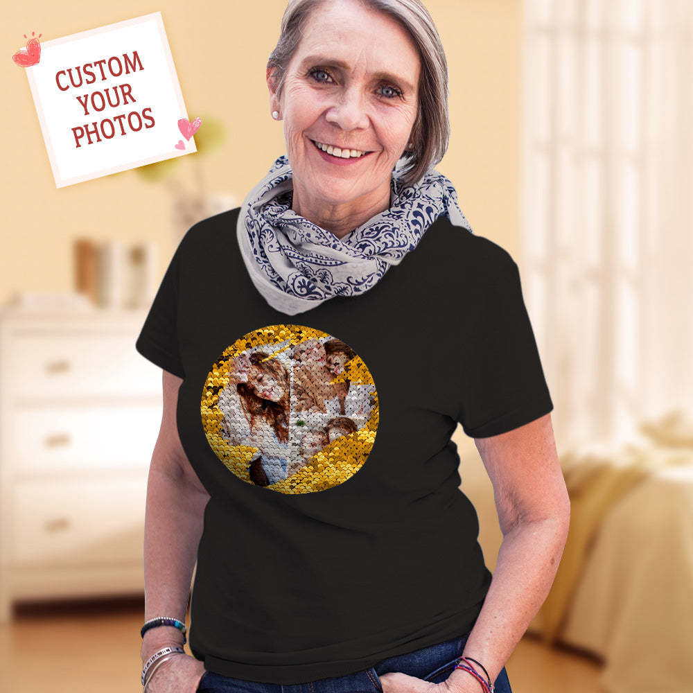 Custom Shirt Personalized Sequin T-shirt Personalized T-shirt Custom Photo Collage T-shirt Cool Mother's Day Gift - MyFaceBoxer