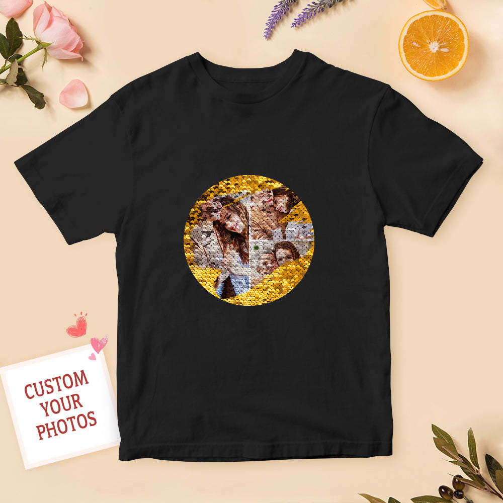 Custom Shirt Personalized Sequin T-shirt Personalized T-shirt Custom Photo Collage T-shirt Cool Mother's Day Gift - MyFaceBoxer