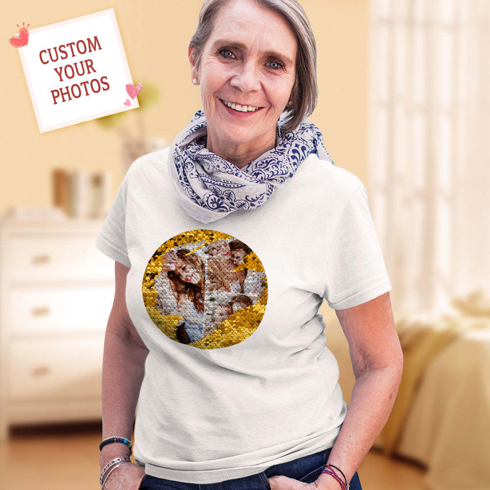 Custom Shirt Personalized Sequin T-shirt Personalized T-shirt Custom Photo Collage T-shirt Cool Mother's Day Gift - MyFaceBoxer