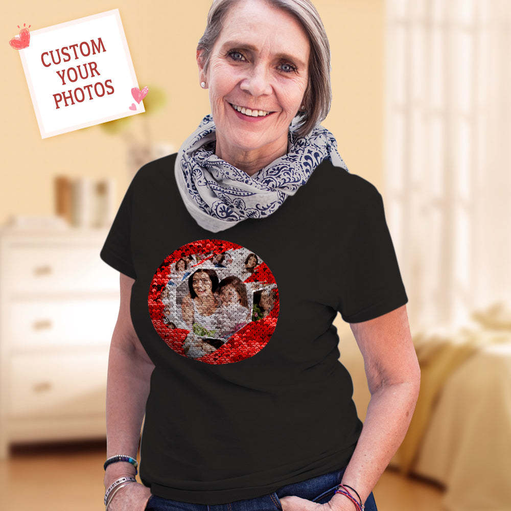Personalized T-shirt Custom Sequin T-shirt Personalized T-shirt Custom Photo Collage Sequin T-shirt Best Mother's Day Gift - MyFaceBoxer