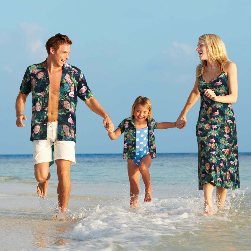 Custom Face Hawaiian Style Flamingo Flower Long Dres And Shirt Family Matching - MyFaceBoxer
