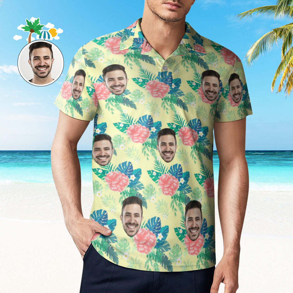 Custom Polo Shirt For Men Personalized Yellow Hawaiian Golf Shirts - MyFaceBoxer