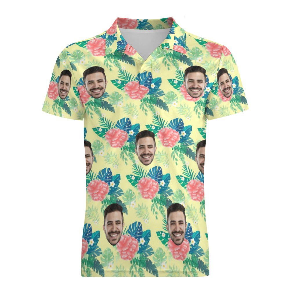 Custom Polo Shirt For Men Personalized Yellow Hawaiian Golf Shirts - MyFaceBoxer