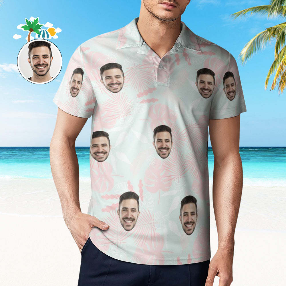 Men's Custom Polo Shirt Pink Leaves Personalized Hawaiian Golf Shirts - MyFaceBoxer
