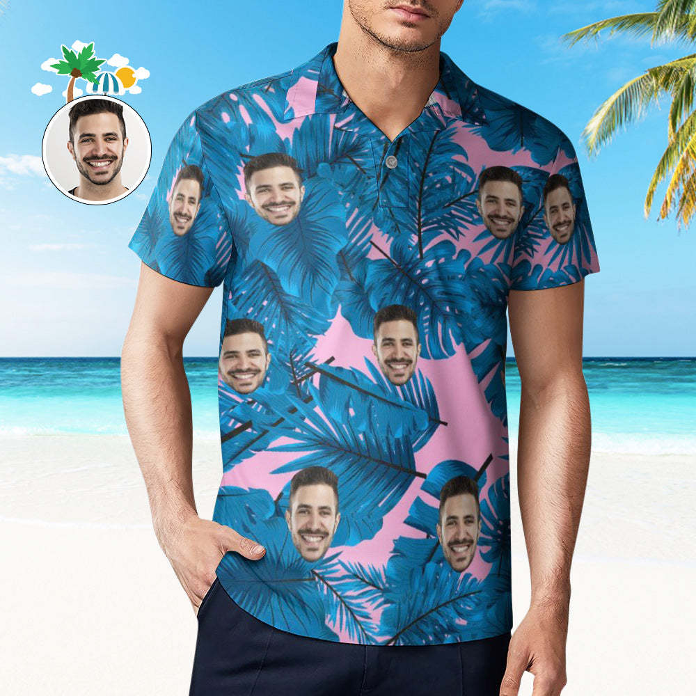 Custom Polo Shirt For Men Personalized Blue Leaves Hawaiian Golf Shirts - MyFaceBoxer