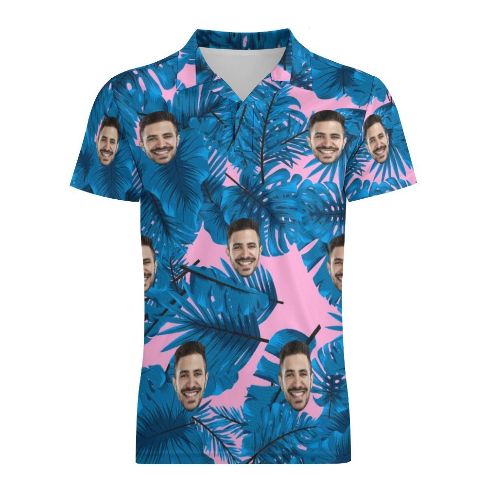 Custom Polo Shirt For Men Personalized Blue Leaves Hawaiian Golf Shirts - MyFaceBoxer