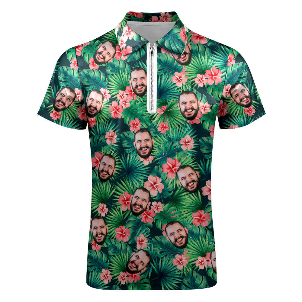 Custom Polo Shirt with Zipper Personalized Face Hawaiian Style Men's Polo Shirt - MyFaceBoxer