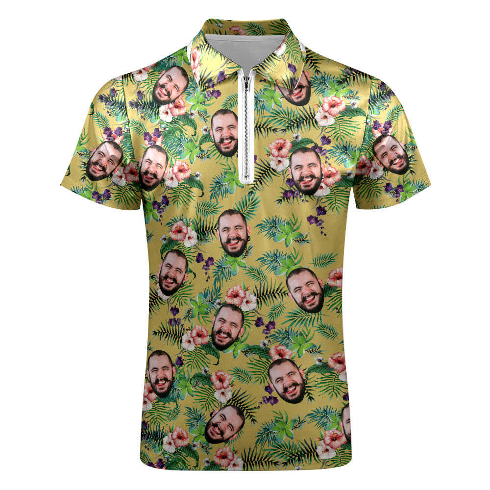 Custom Funny Polo Shirt with Zipper Personalized Face Hawaiian Style Polo Shirt for Men - MyFaceBoxer