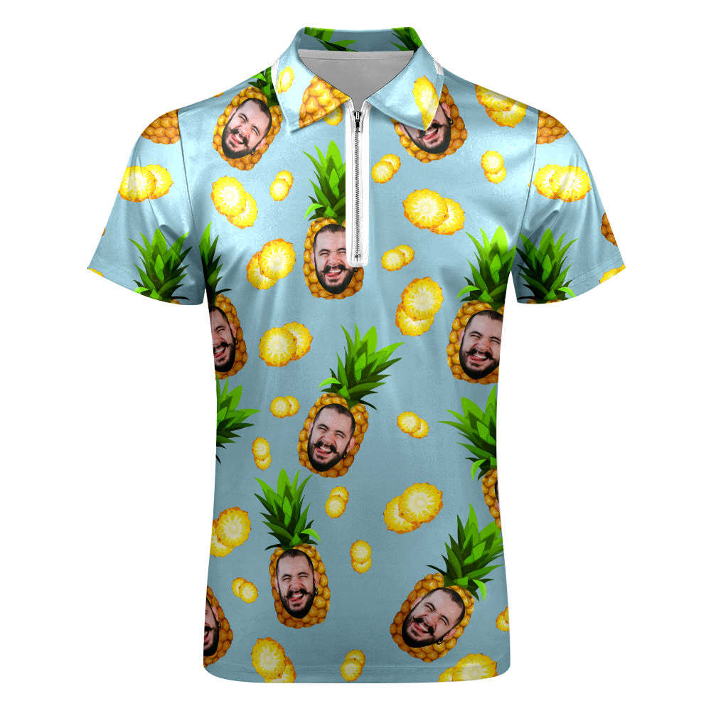 Custom Face Polo Shirt with Zipper Personalized Funny Pineapple Pattern Men's Polo Shirt - MyFaceBoxer