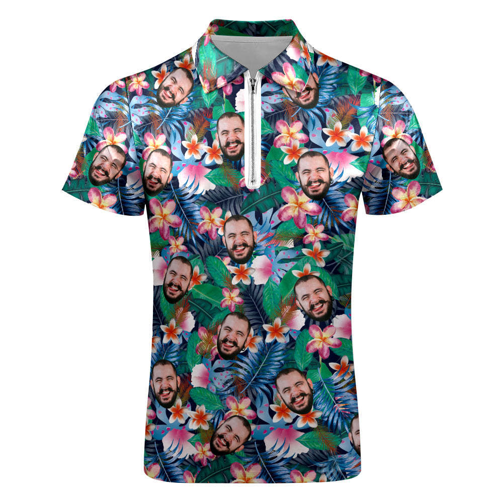 Custom Hawaiian Style Polo Shirt with Zipper Personalized Face Men's Polo Shirt for Him - MyFaceBoxer