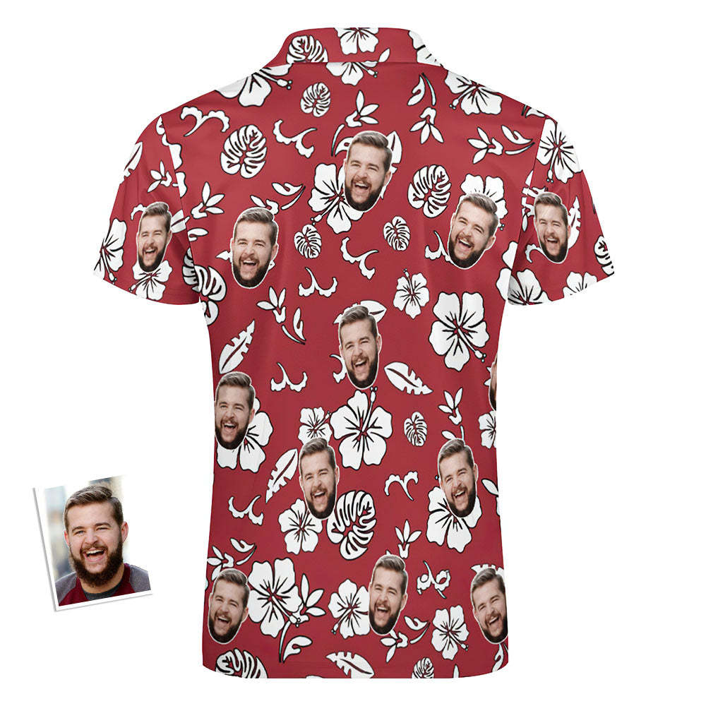 Custom Red Flowers Men's Polo Shirt Personalised Face Funny Polo Shirt with Zipper - MyFaceBoxer