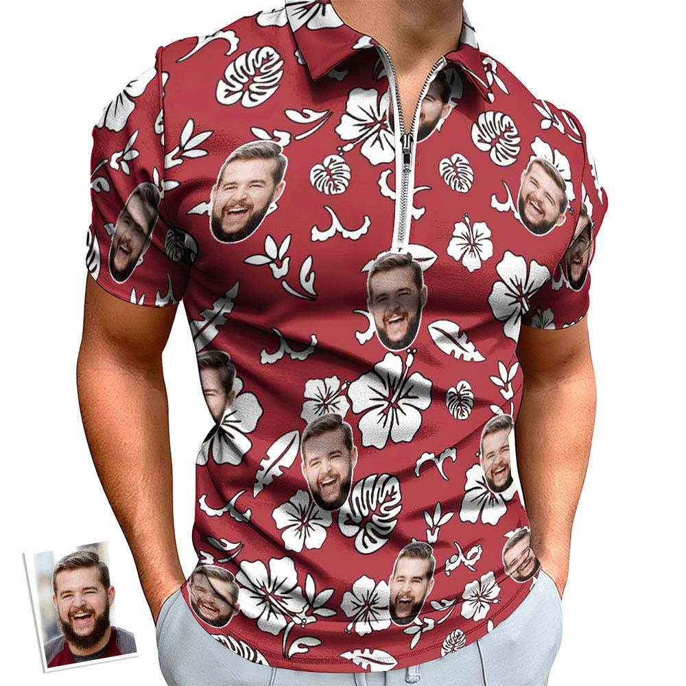 Custom Red Flowers Men's Polo Shirt Personalised Face Funny Polo Shirt with Zipper - MyFaceBoxer