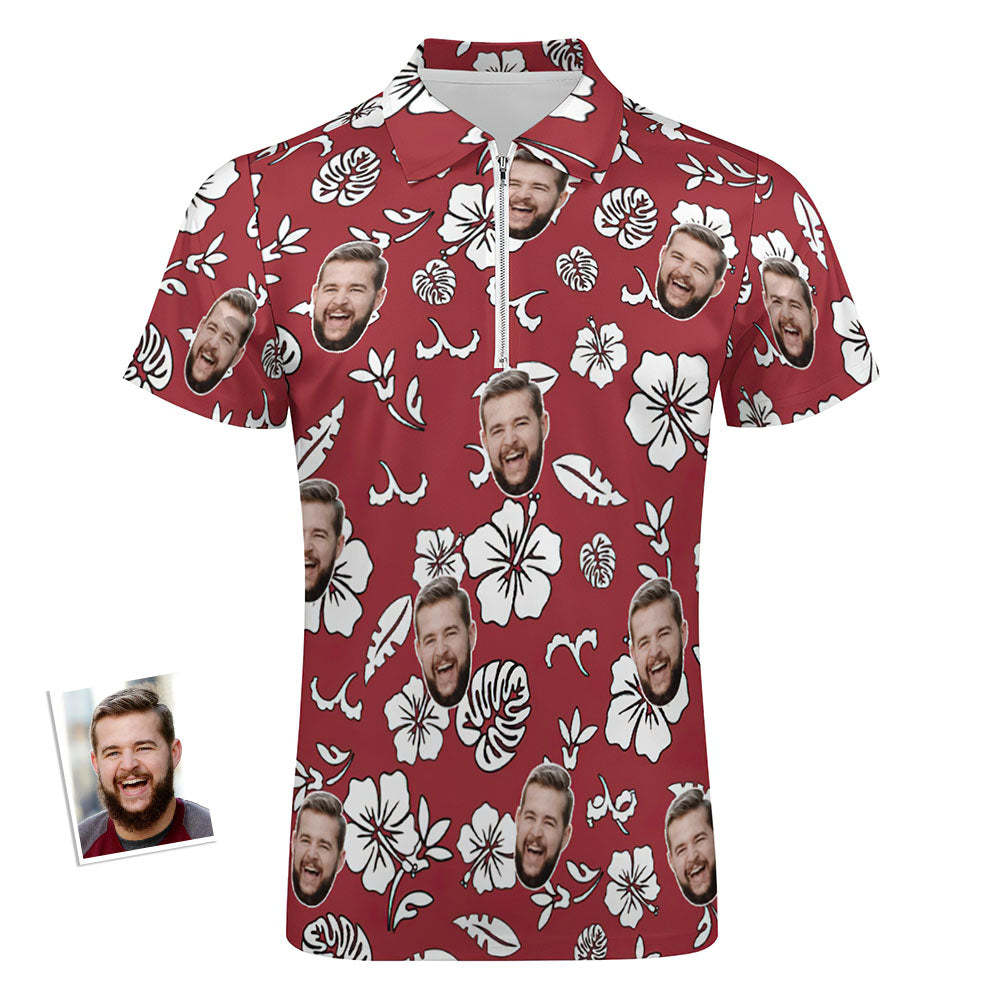 Custom Red Flowers Men's Polo Shirt Personalised Face Funny Polo Shirt with Zipper - MyFaceBoxer