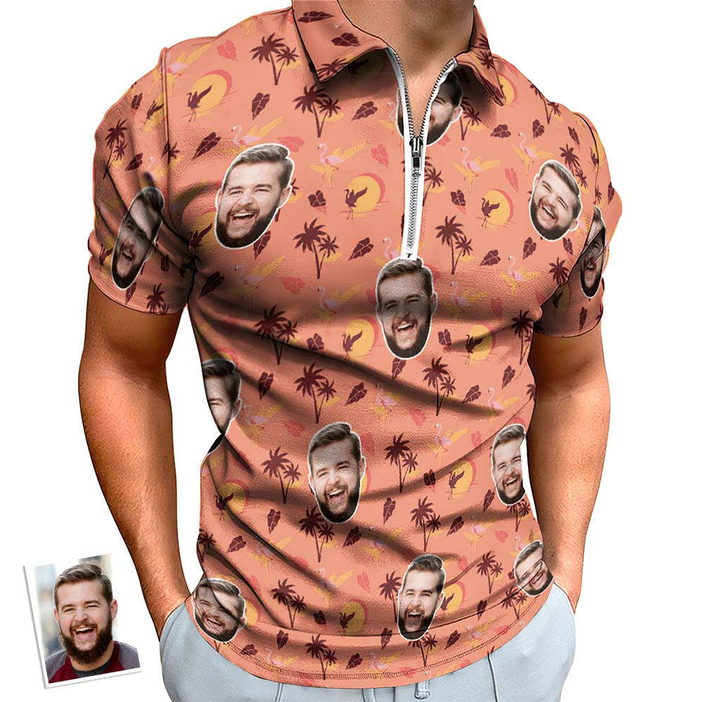 Custom Flamingo Tropical Sunset Men's Polo Shirt Personalised Face Funny Polo Shirt with Zipper - MyFaceBoxer