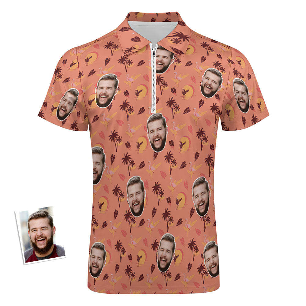 Custom Flamingo Tropical Sunset Men's Polo Shirt Personalised Face Funny Polo Shirt with Zipper - MyFaceBoxer