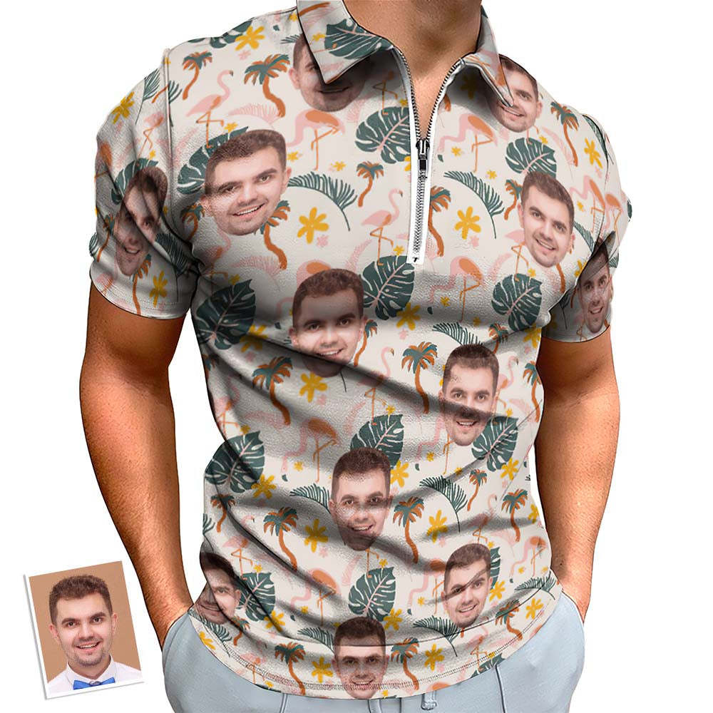 Custom Flamingo Wild Floral Men's Polo Shirt Personalised Face Funny Polo Shirt with Zipper - MyFaceBoxer