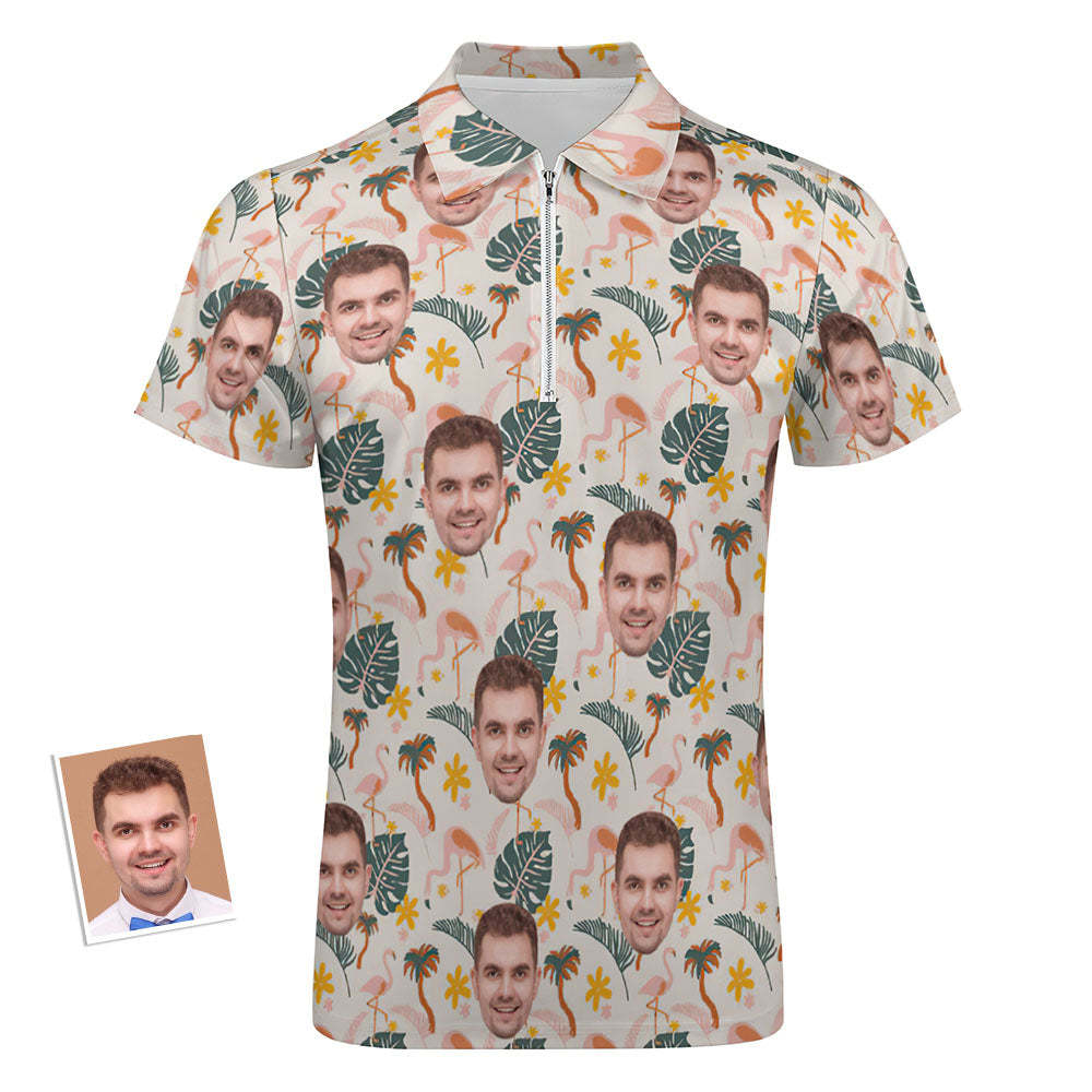 Custom Flamingo Wild Floral Men's Polo Shirt Personalised Face Funny Polo Shirt with Zipper - MyFaceBoxer