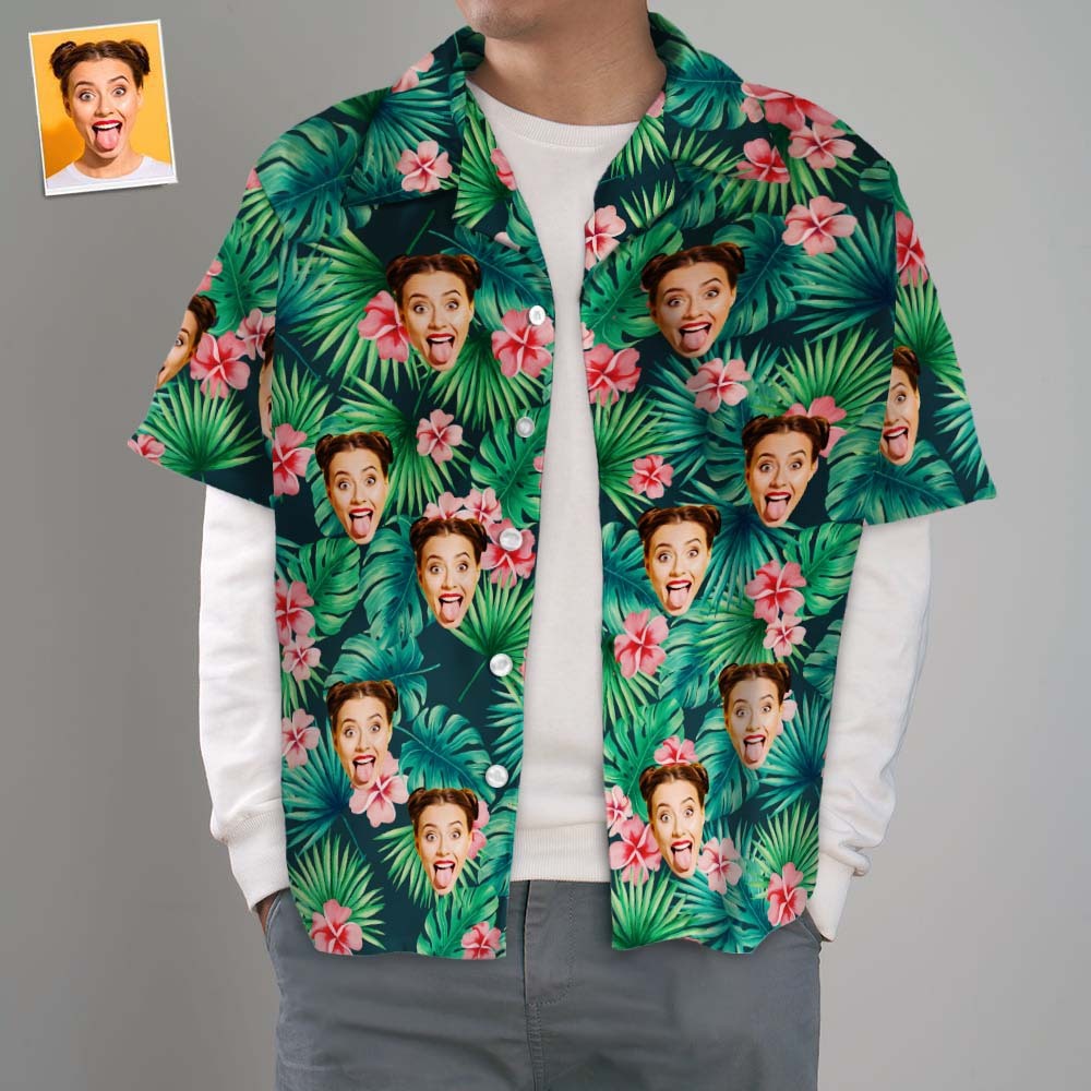 Personalized Hawaiian Beach Shirt Custom Men's Face Hawaiian Shirt Red Flowers Gift for Him - MyFaceBoxer