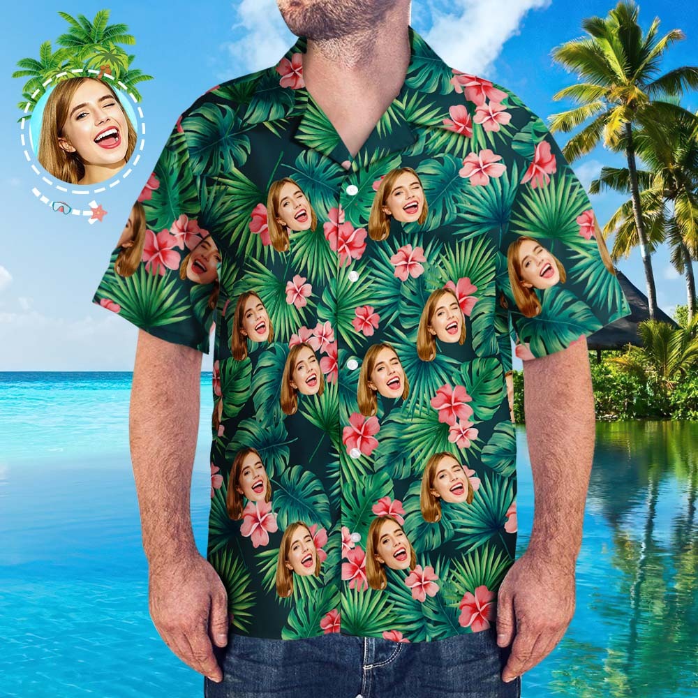 Personalized Hawaiian Beach Shirt Custom Men's Face Hawaiian Shirt Red Flowers Gift for Him - MyFaceBoxer
