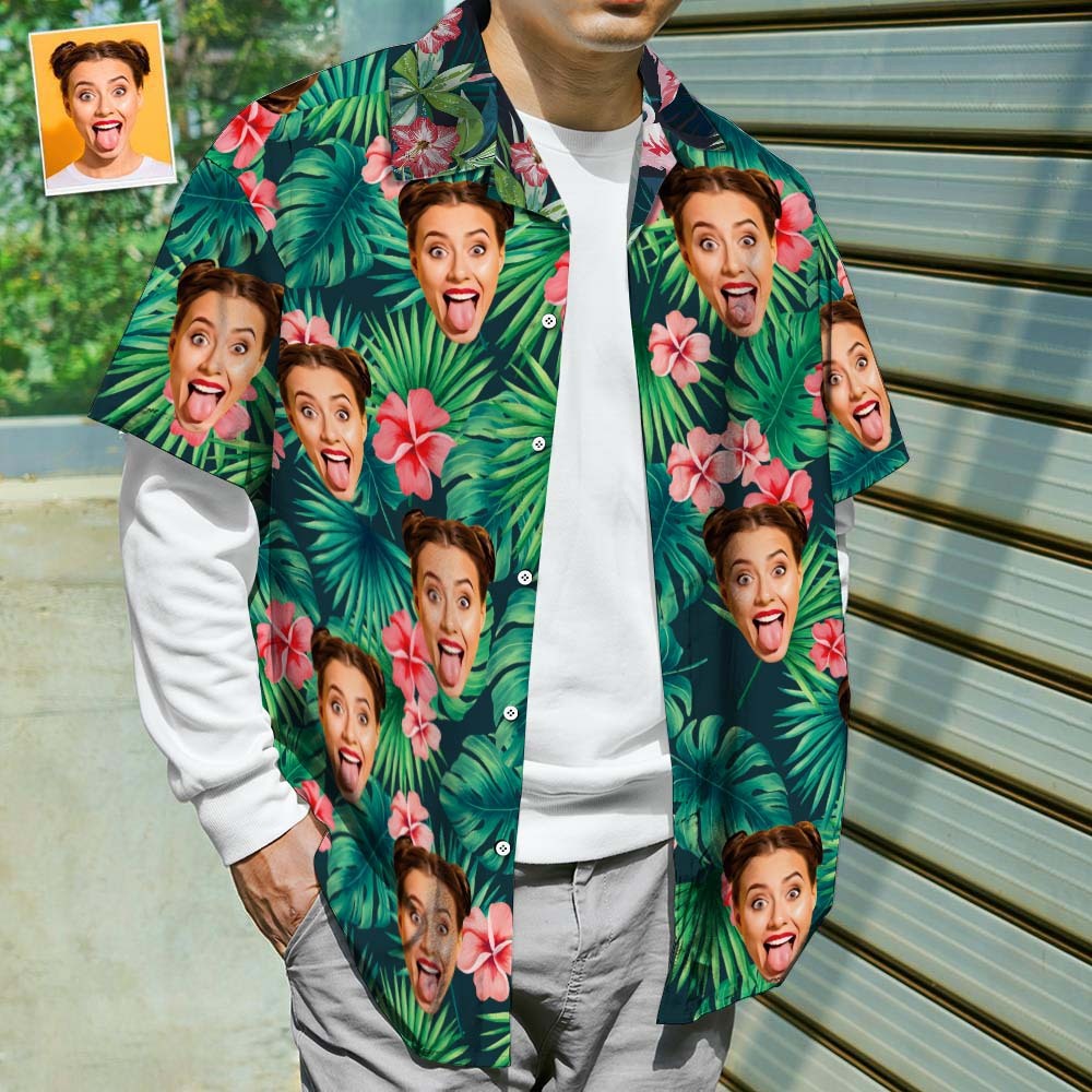 Personalized Hawaiian Beach Shirt Custom Men's Face Hawaiian Shirt Red Flowers Gift for Him - MyFaceBoxer