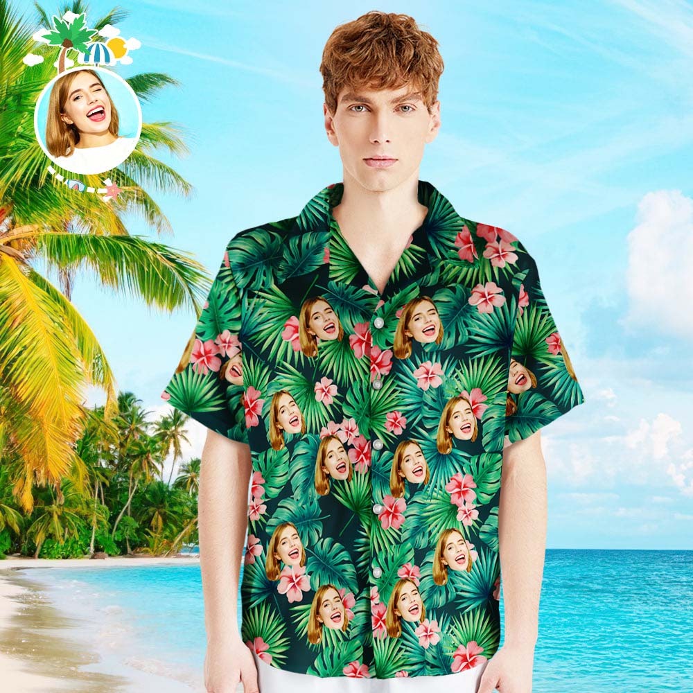 Personalized Hawaiian Beach Shirt Custom Men's Face Hawaiian Shirt Red Flowers Gift for Him - MyFaceBoxer