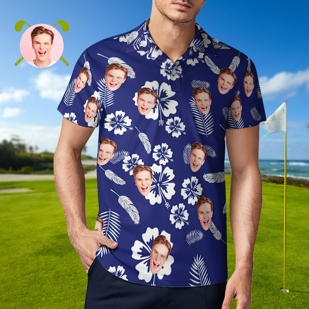 Men's Custom Polo Shirt Blue Tropical Vibe Personalized Hawaiian Golf Shirts Gift for Him - MyFaceBoxer