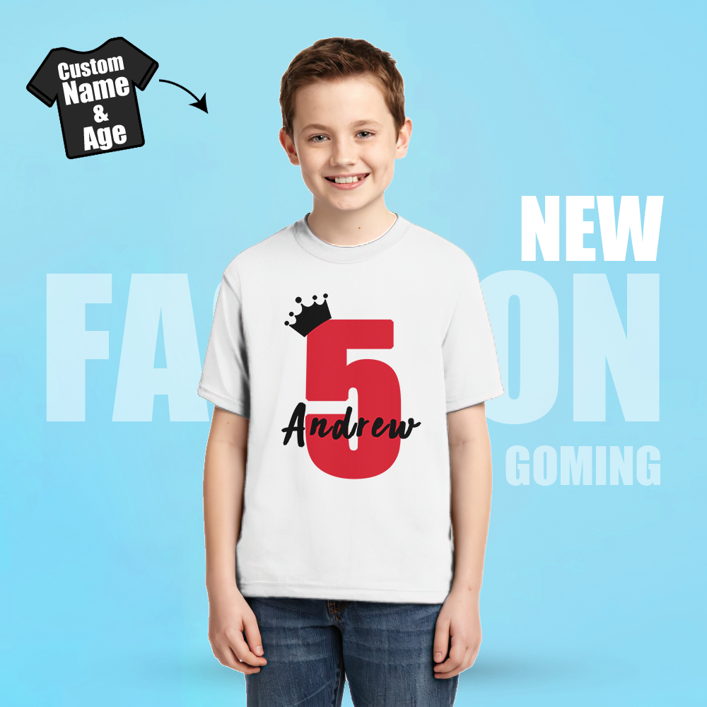 Personalized T-shirt Custom Name and Age Crown Black T-shirt Children's T-shirt Custom Shirt Personalized Kids Clothing Top - MyFaceBoxer