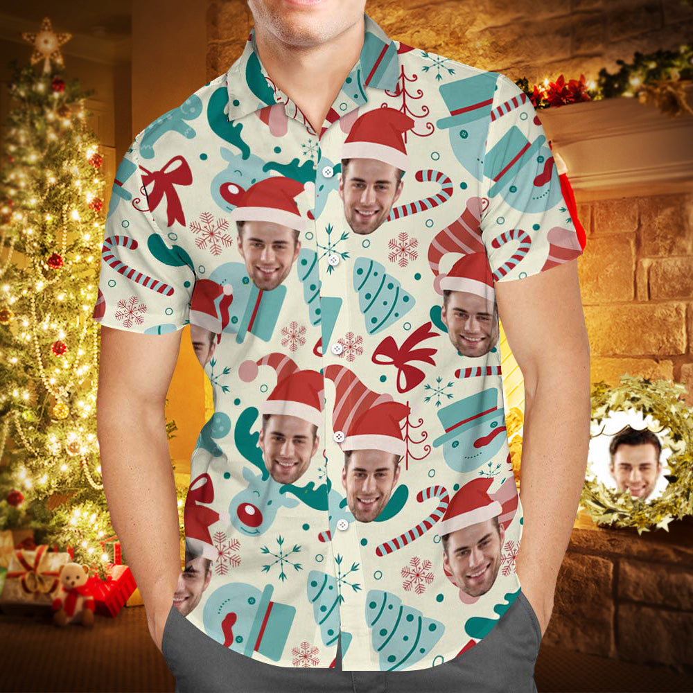 Custom Hawaiian Shirts Personalized Photo Men's Hawaiian Shirt Christmas Gift - Santa Hat - MyFaceBoxer
