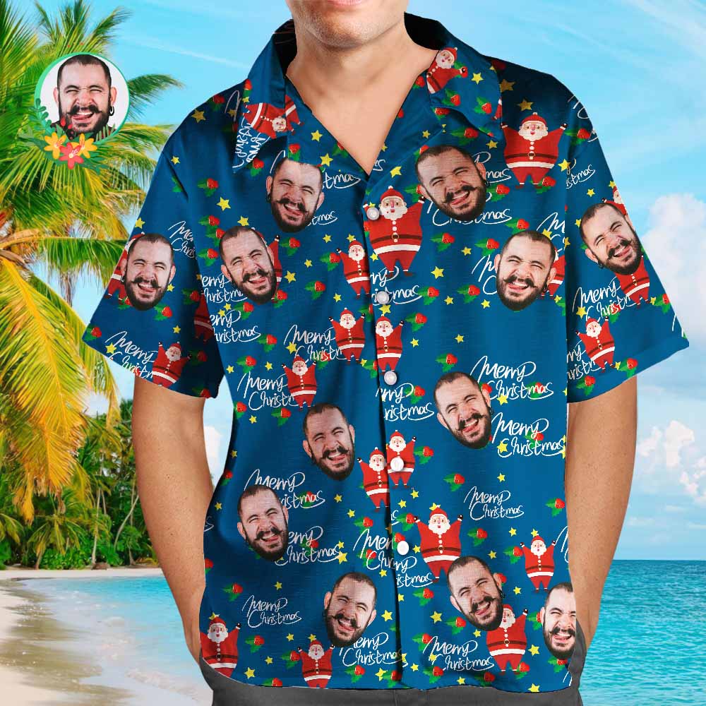 Custom Hawaiian Shirts Personalized Photo Men's Hawaiian Shirt Christmas Gift - Happy Santa - MyFaceBoxer