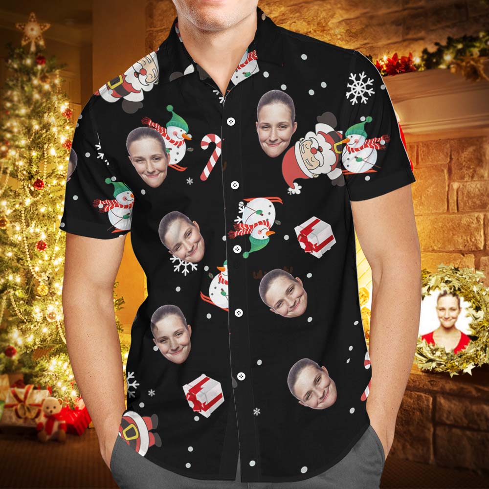 Custom Hawaiian Shirts Personalized Christmas Hawaiian Shirt Snowman Skiing Candy Cane Holiday Gifts - MyFaceBoxer