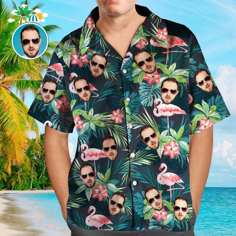 Custom Photo Hawaiian Shirt Parent-child Wears Personalized Face Hawaiian Shirt Gift Flamingo Flower - MyFaceBoxer