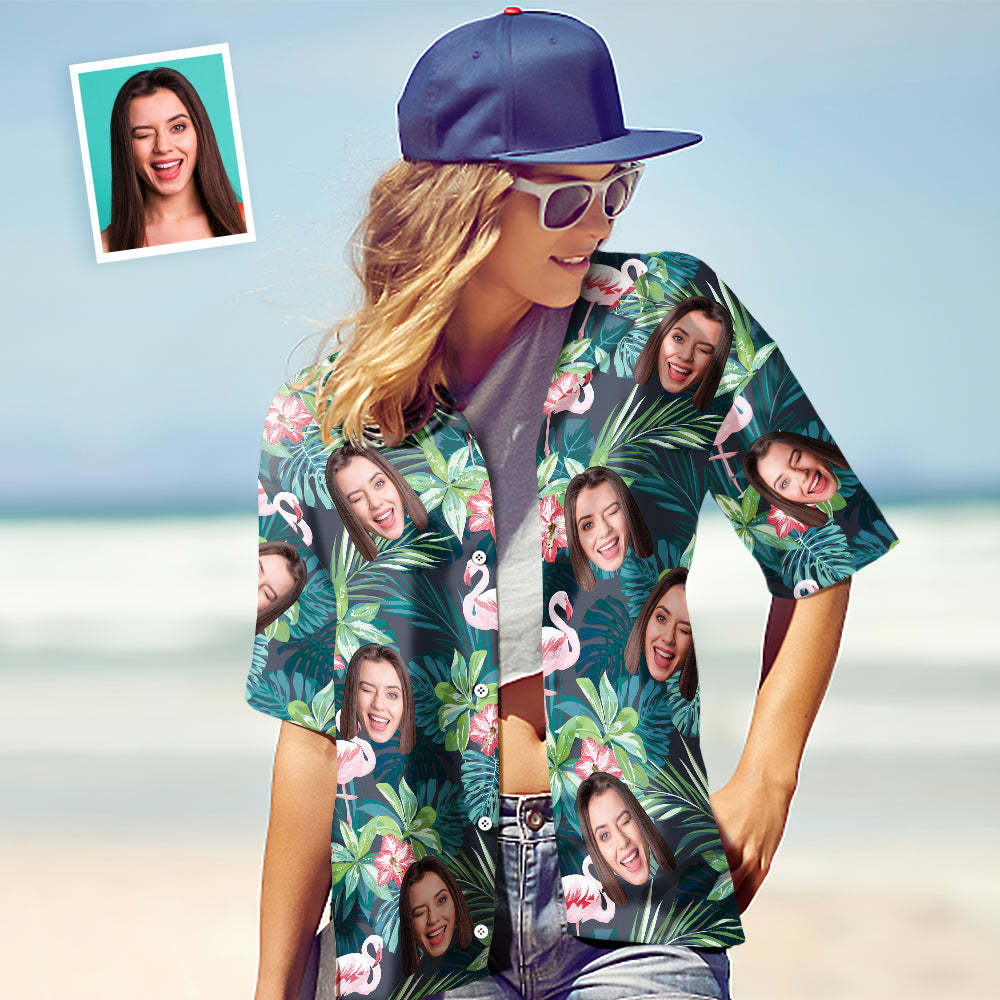 Custom Photo Hawaiian Shirt Parent-child Wears Personalized Face Hawaiian Shirt Gift Flamingo Flower - MyFaceBoxer