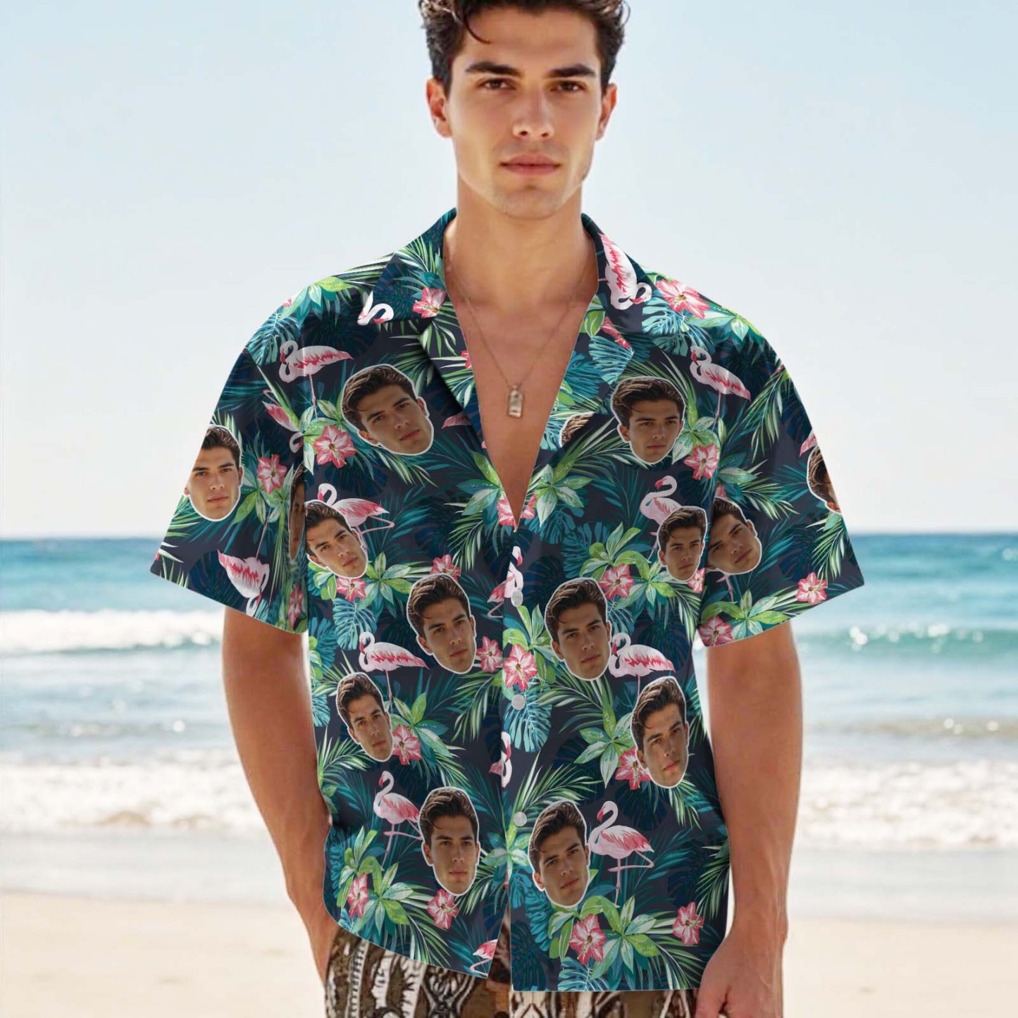 Custom Hawaiian Shirts Personalized Photo Aloha Shirts for Him Leaves and Flamingo