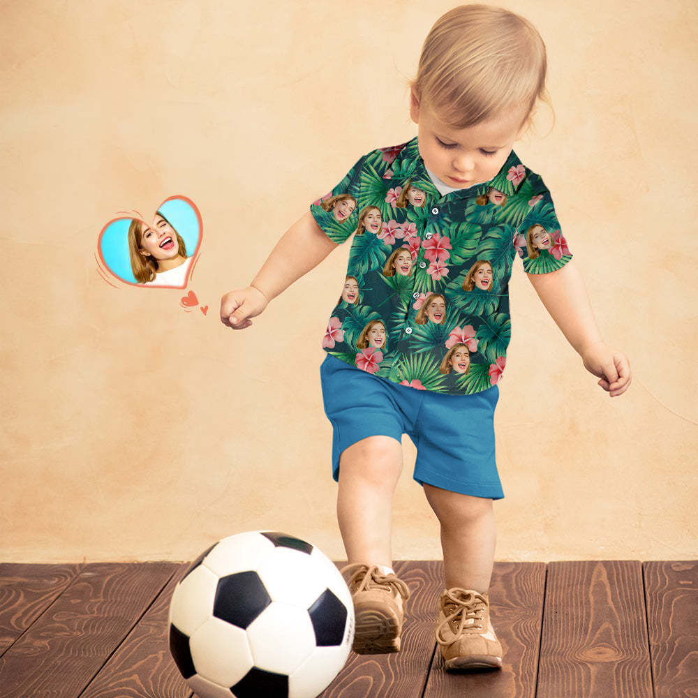 Custom Photo Hawaiian Shirt Parent-child Wears Personalized Face Hawaiian Shirt Gift Red Flowers - MyFaceBoxer