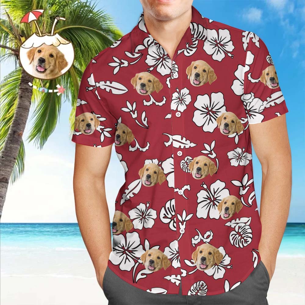Custom Hawaiian Shirts with Pet Face Custom Tropical Hawaiian Shirt Red Button Down Shirts - MyFaceBoxer