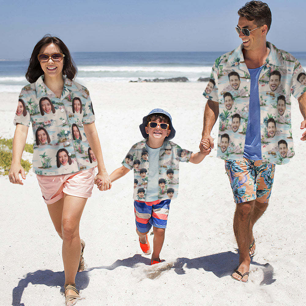 Custom Photo Hawaiian Shirt Parent-child Wears Personalized Face Hawaiian Shirt Gift Sea View - MyFaceBoxer
