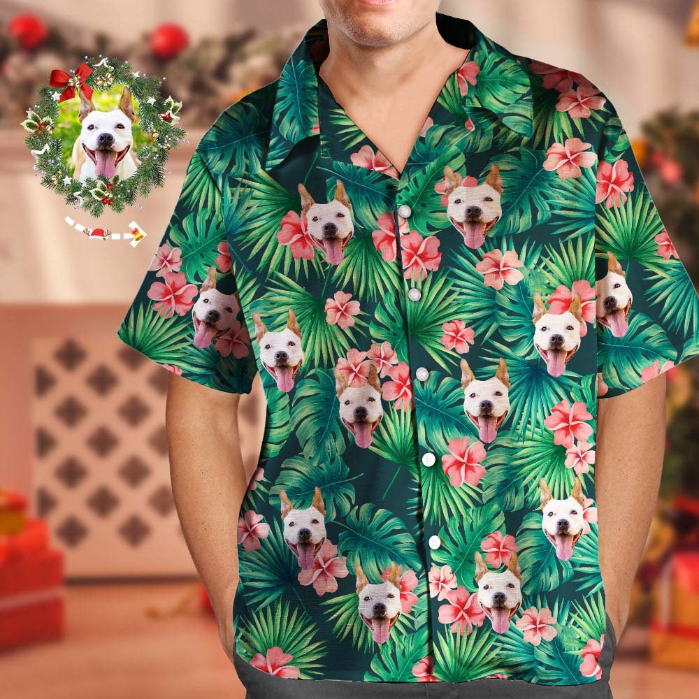 Custom Tropical Shirts Custom Dog Face Hawaiian Shirt Leaves & Flowers Shirt - MyFaceBoxer