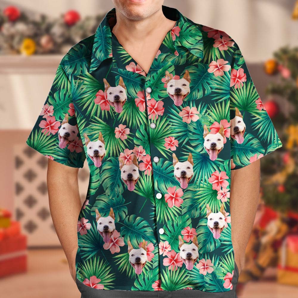 Custom Tropical Shirts Custom Dog Face Hawaiian Shirt Leaves & Flowers Shirt - MyFaceBoxer